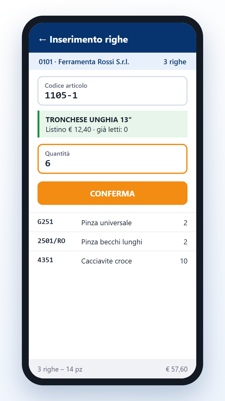 EtaOrd – lettura codice e quantità