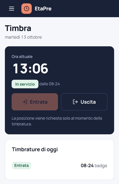 EtaPre - timbratura di entrata e uscita da smartphone